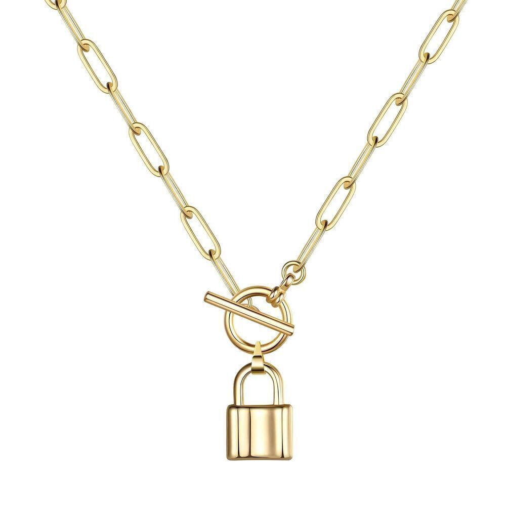 18K Gold Plated Stainless Steel "Lock" Chunky Necklace Waterproof Hypoal…